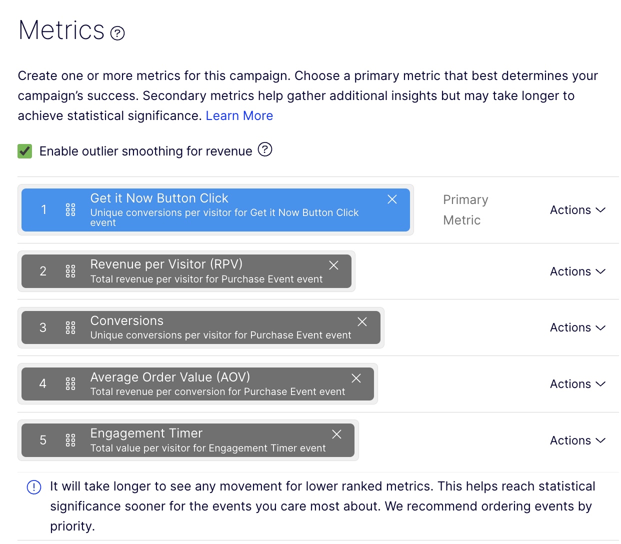 Optimizely Test Metrics sample list