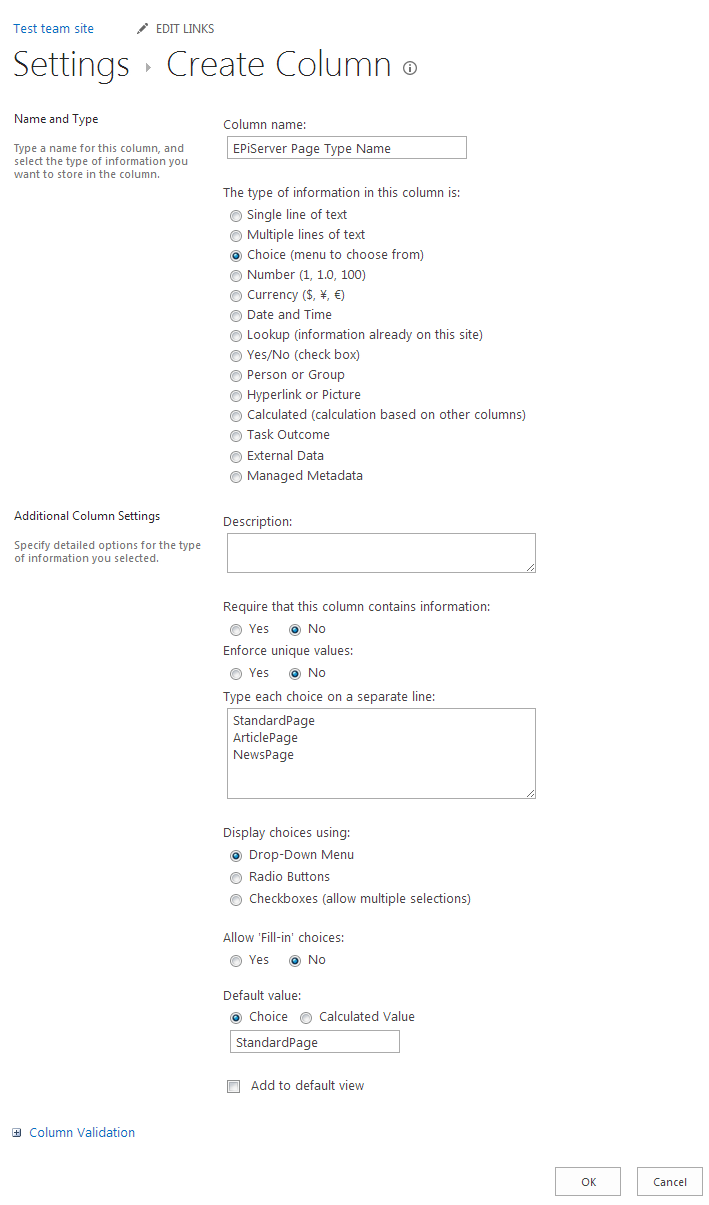 EPiServer Page Type Name column settings