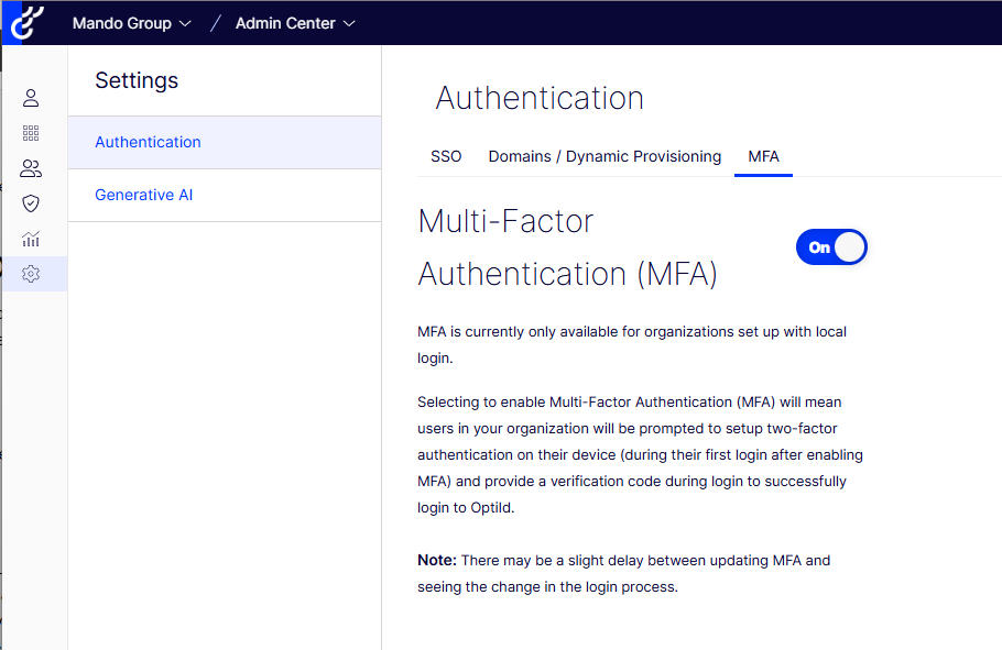 Multi-factor authentication enabled within OptiID